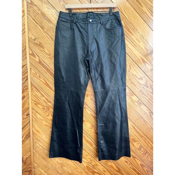 Vintage 90s Y2K Express High Waist Wide Leg Leather Pant Black - Picture 1 of 6